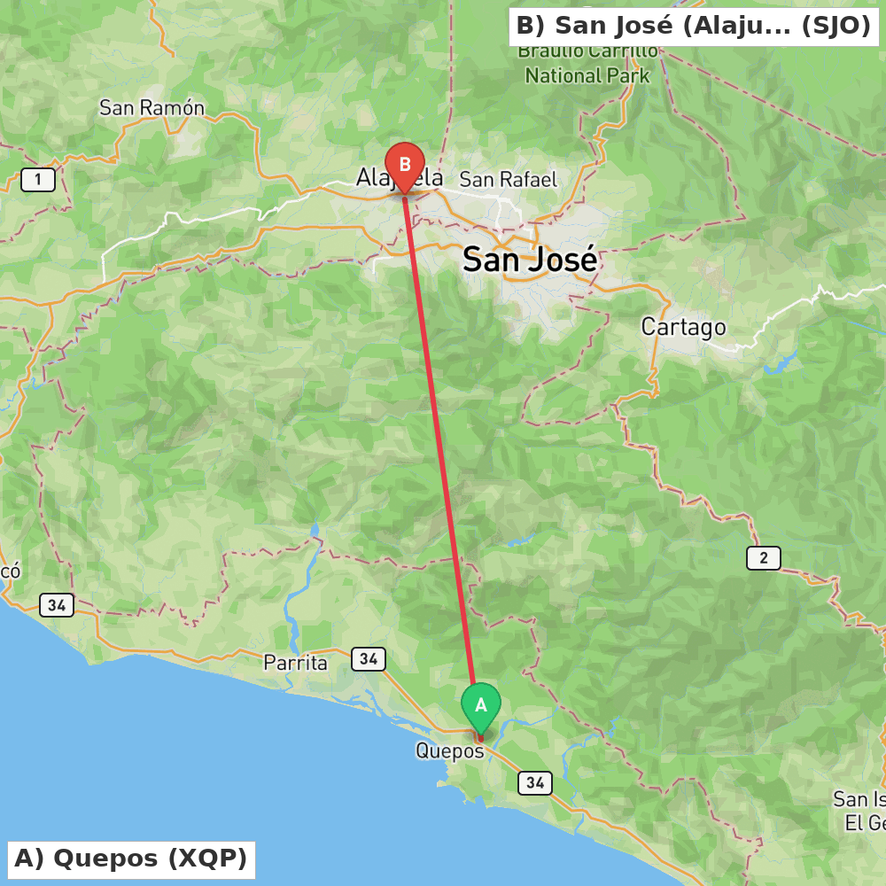 Flight route map from Quepos to San José (Alajuela)