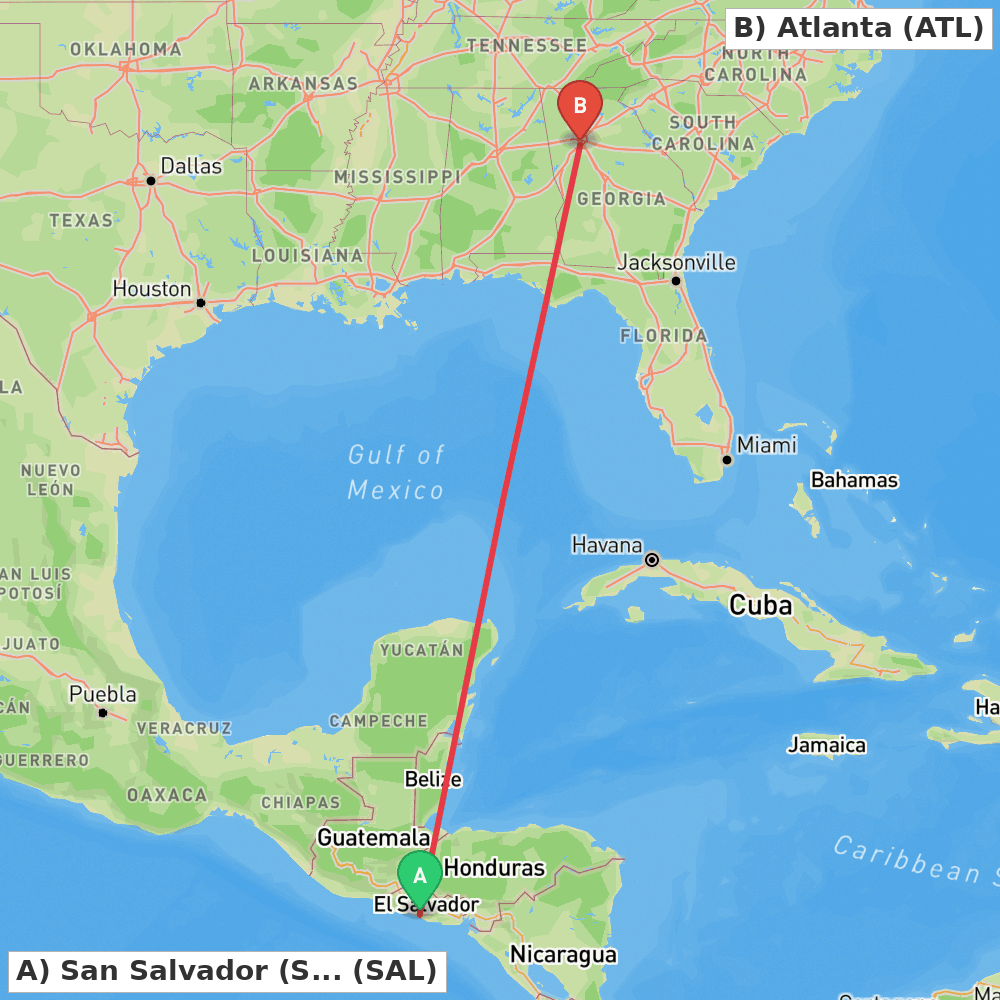 Flight route map from San Salvador (San Luis Talpa) to Atlanta