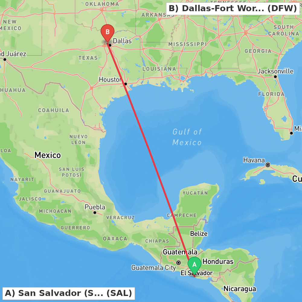 Flight route map from San Salvador (San Luis Talpa) to Dallas-Fort Worth