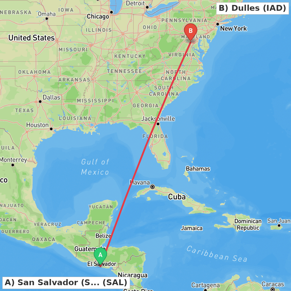 Flight route map from San Salvador (San Luis Talpa) to Dulles