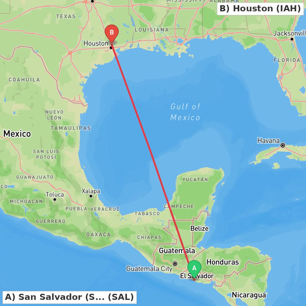 Flight route map from San Salvador (San Luis Talpa) to Houston