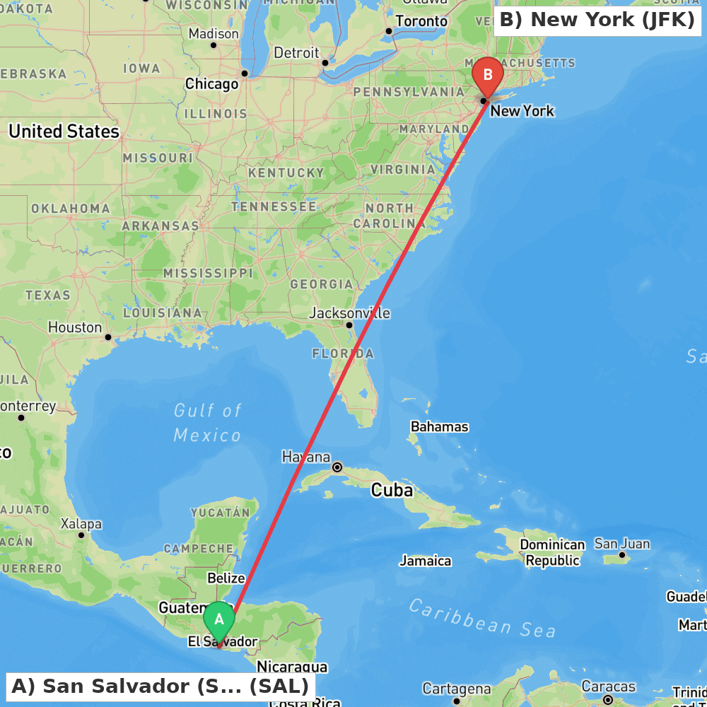 Flight route map from San Salvador (San Luis Talpa) to New York