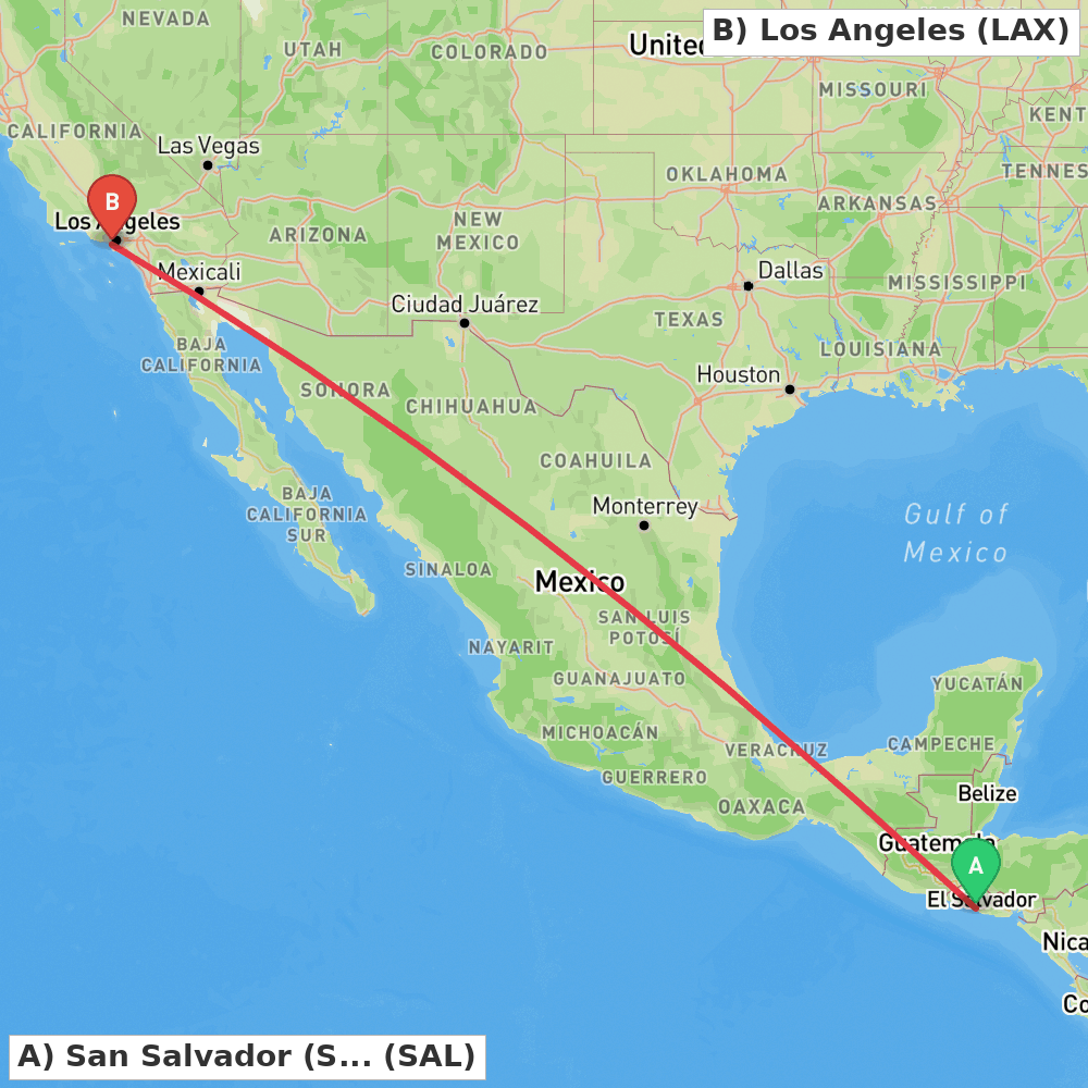 Flight route map from San Salvador (San Luis Talpa) to Los Angeles