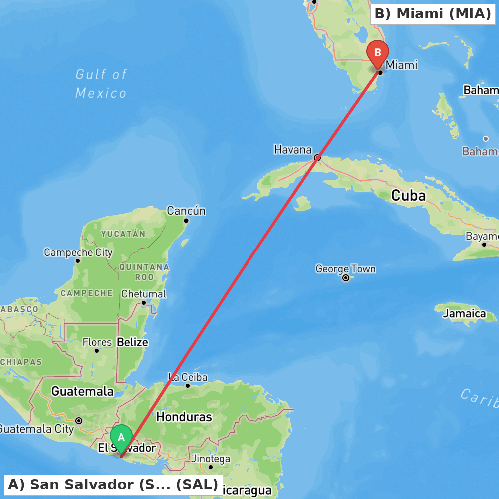 Flight route map from San Salvador (San Luis Talpa) to Miami