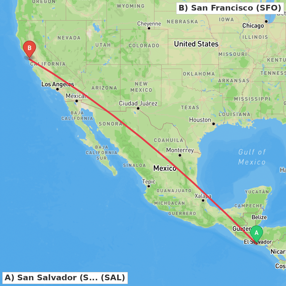 Flight route map from San Salvador (San Luis Talpa) to San Francisco