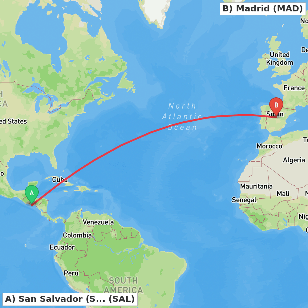 Flight route map from San Salvador (San Luis Talpa) to Madrid