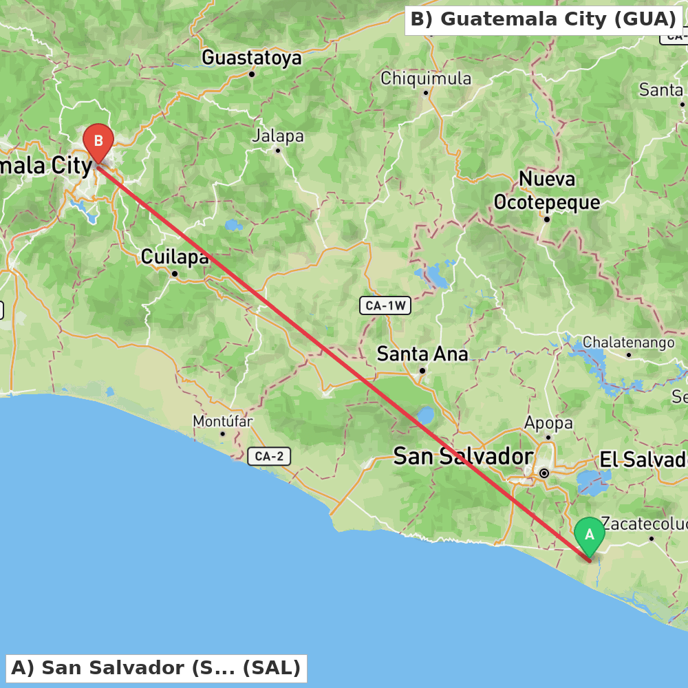 Flight route map from San Salvador (San Luis Talpa) to Guatemala City
