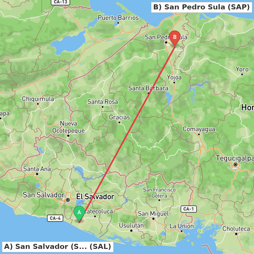 Flight route map from San Salvador (San Luis Talpa) to San Pedro Sula