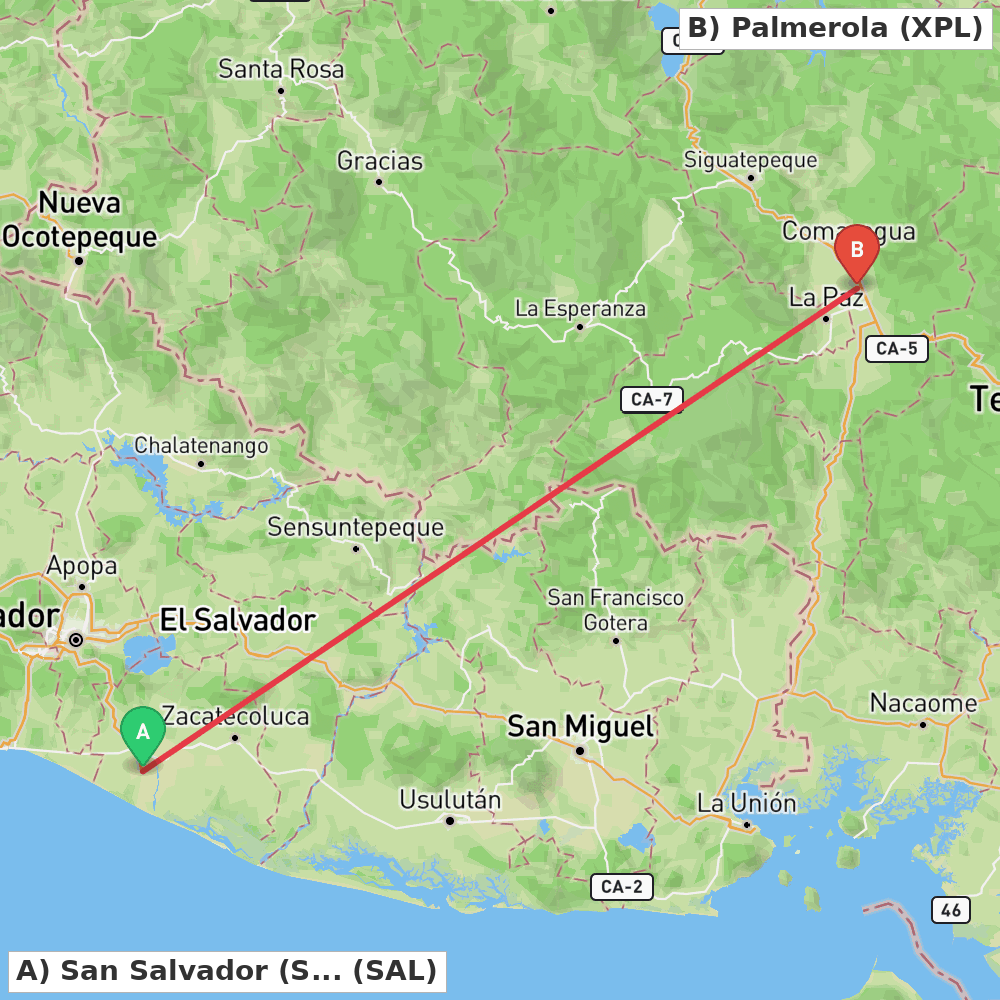 Flight route map from San Salvador (San Luis Talpa) to Palmerola