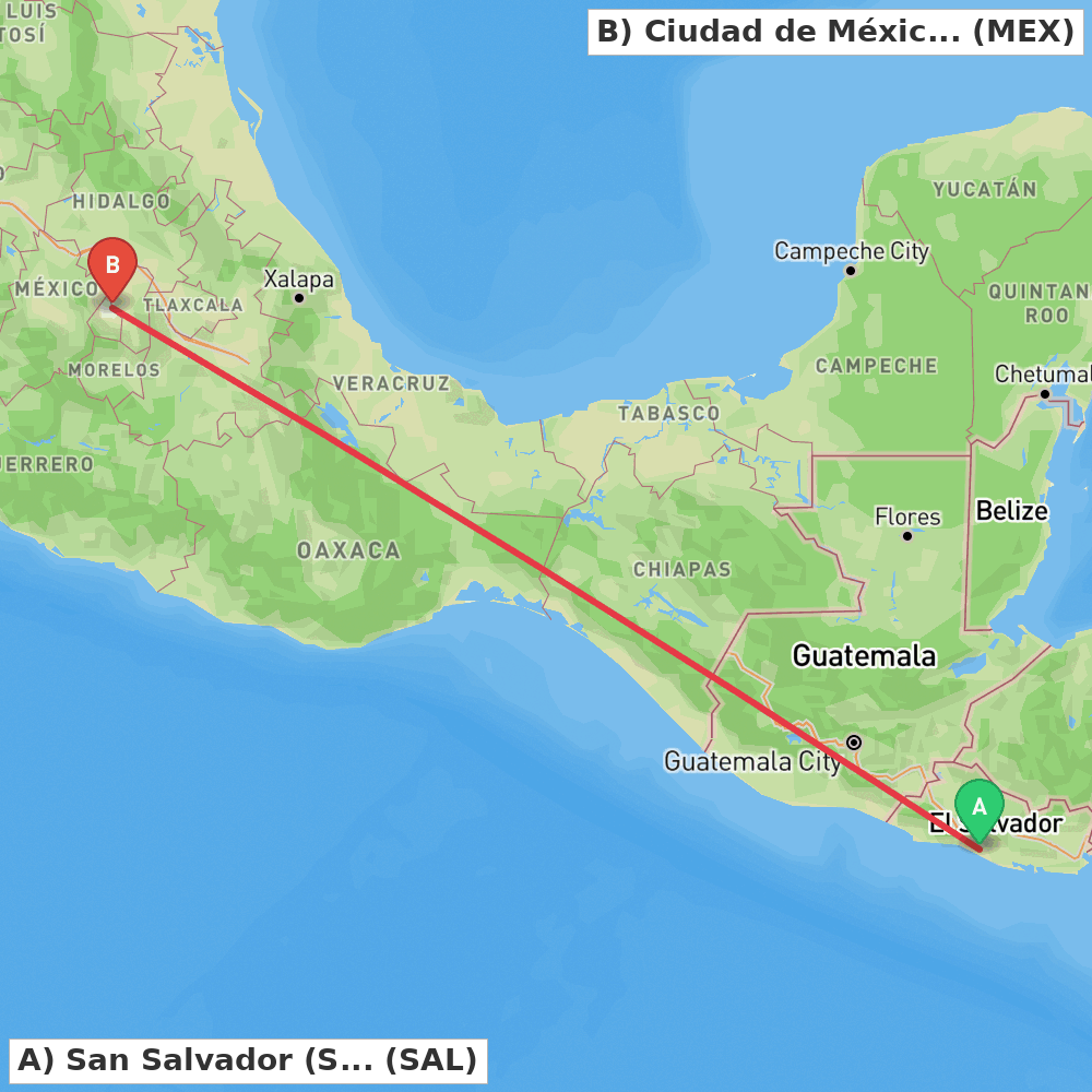 Flight route map from San Salvador (San Luis Talpa) to Ciudad de México