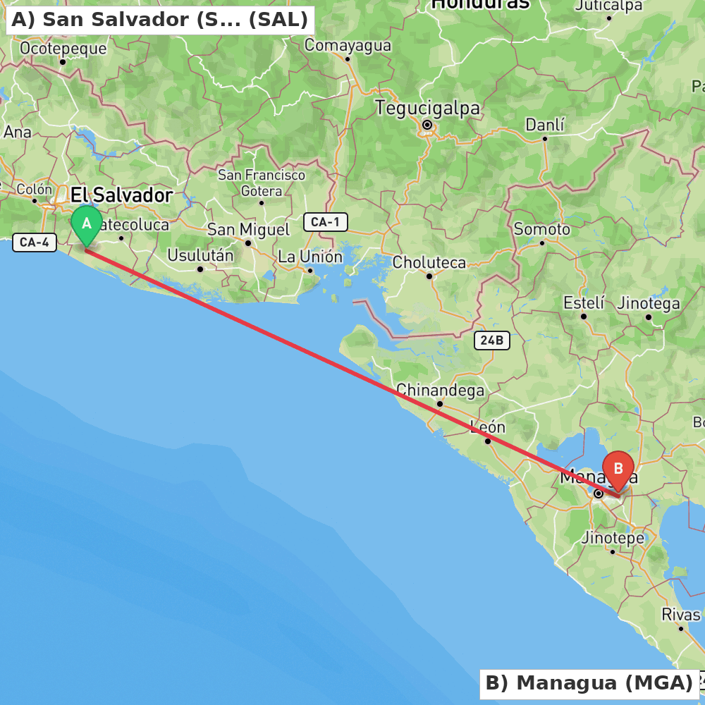 Flight route map from San Salvador (San Luis Talpa) to Managua