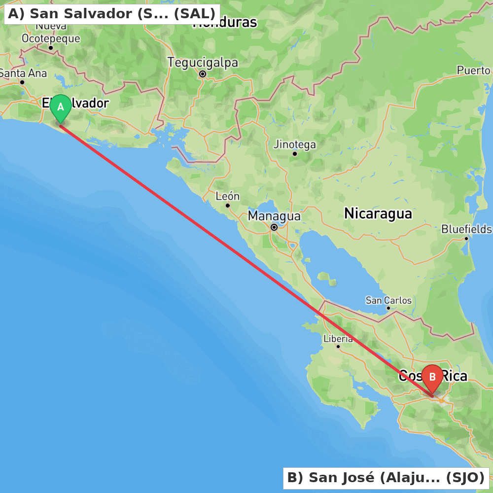 Flight route map from San Salvador (San Luis Talpa) to San José (Alajuela)