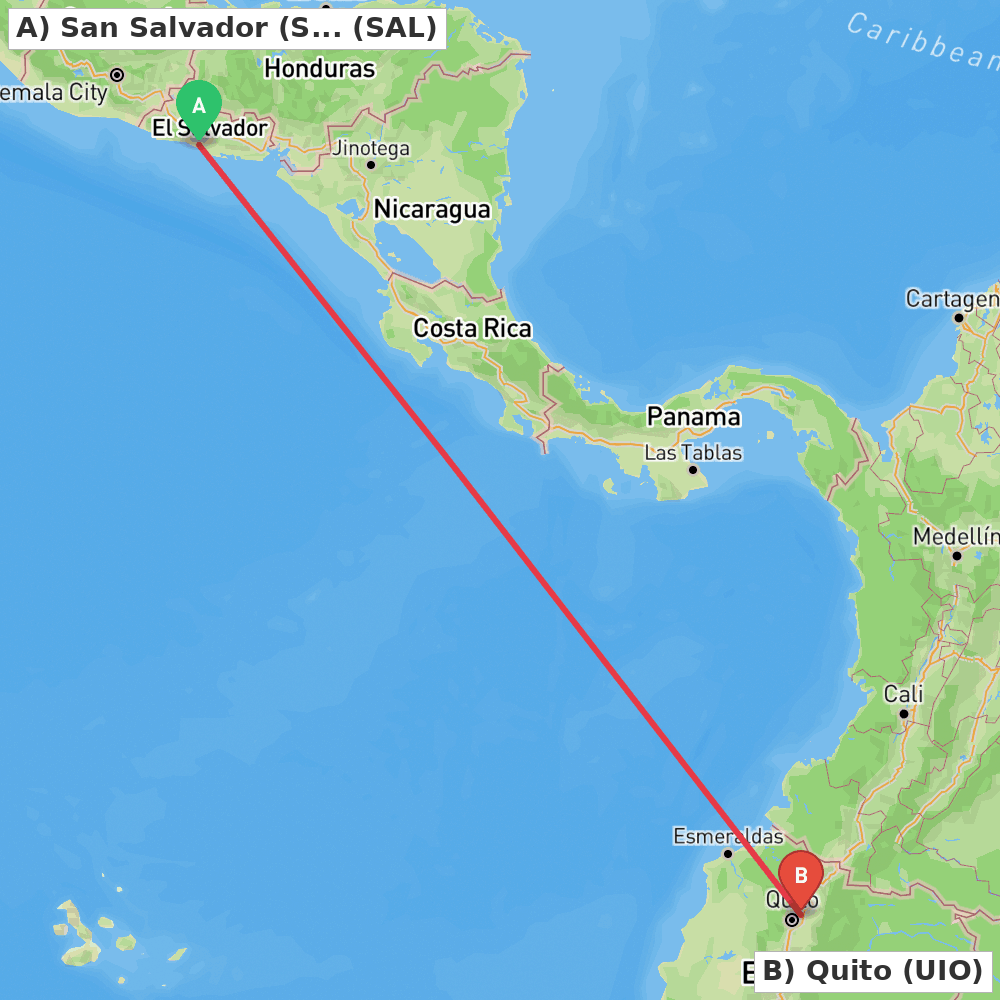 Flight route map from San Salvador (San Luis Talpa) to Quito
