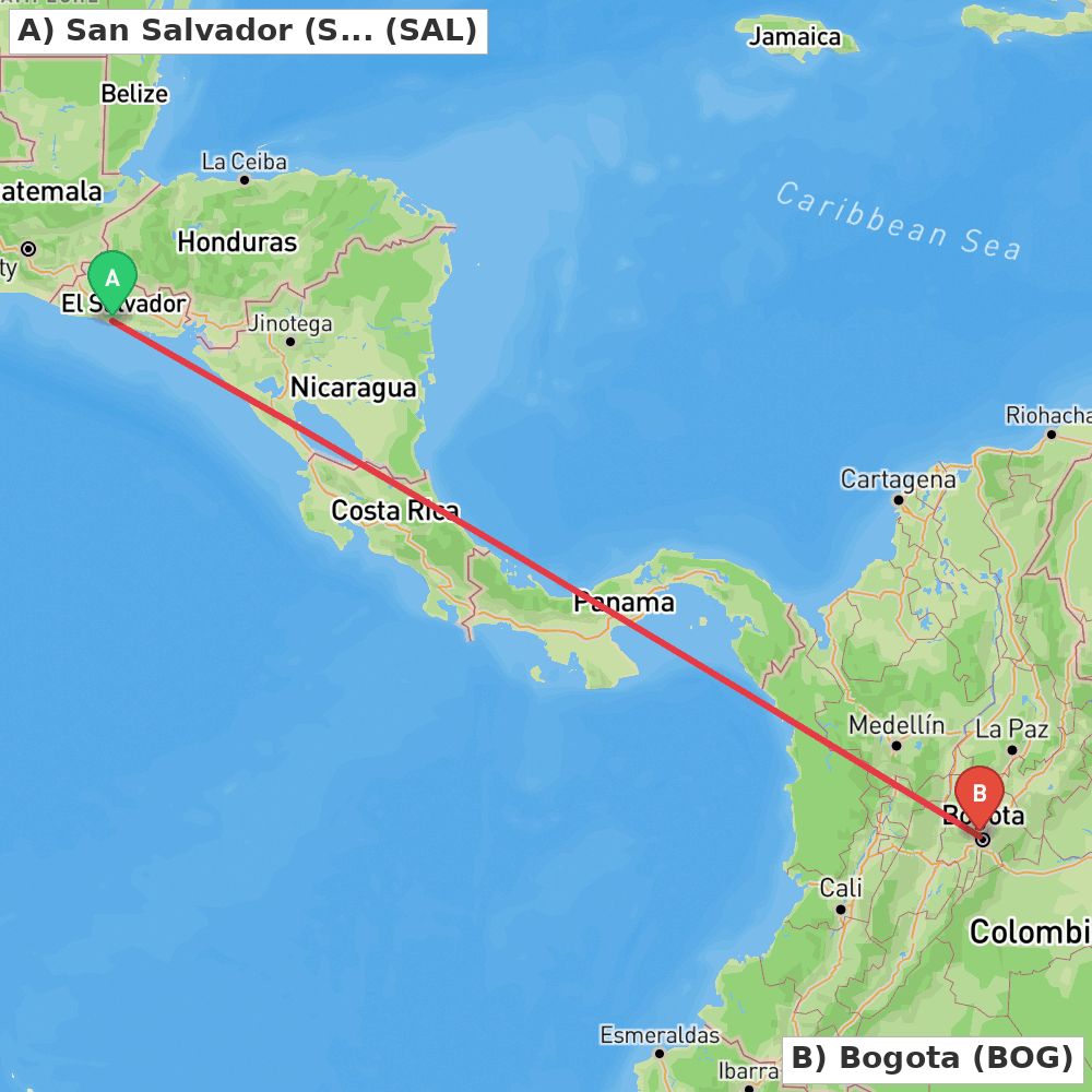 Flight route map from San Salvador (San Luis Talpa) to Bogota