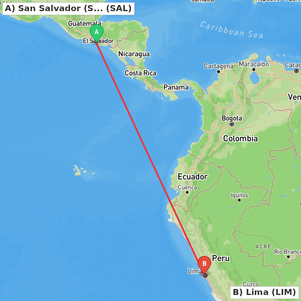 Flight route map from San Salvador (San Luis Talpa) to Lima