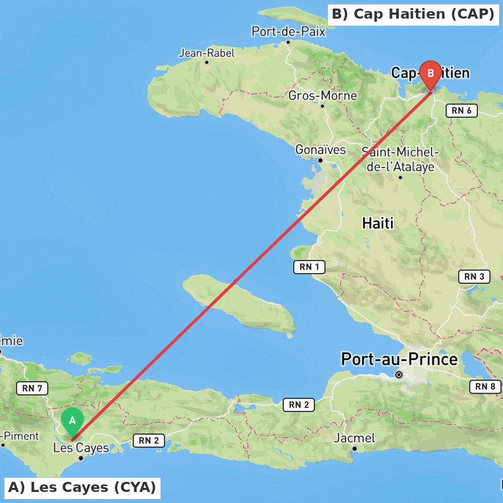 Flight route map from Les Cayes to Cap Haitien