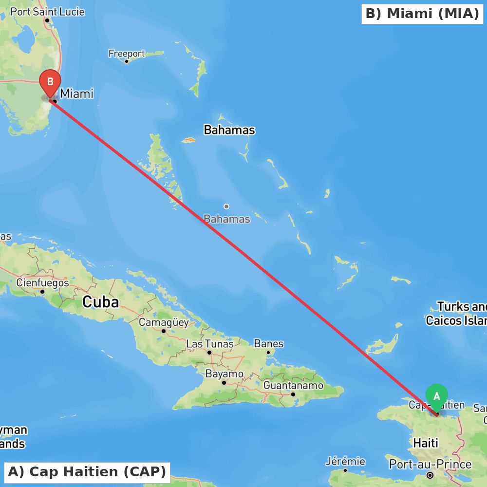 Flight route map from Cap Haitien to Miami