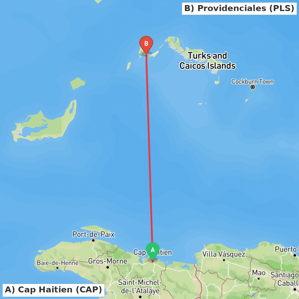 Flight route map from Cap Haitien to Providenciales