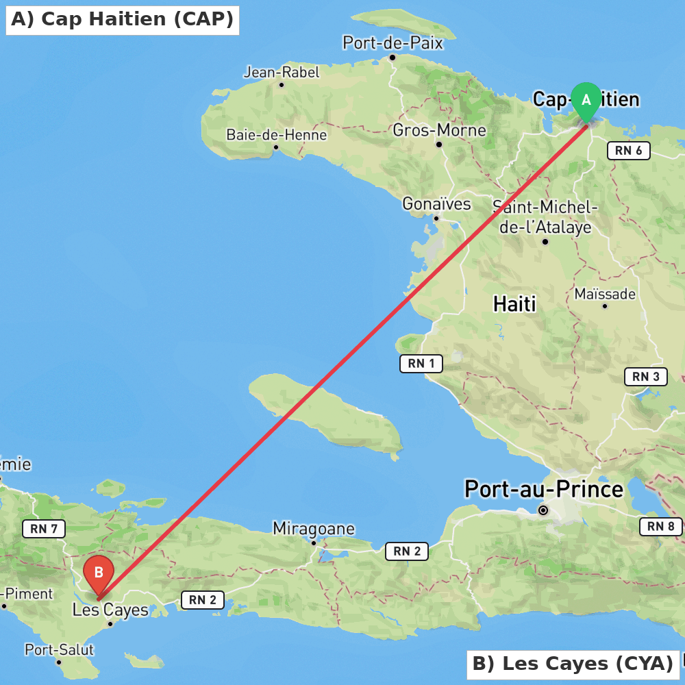 Flight route map from Cap Haitien to Les Cayes