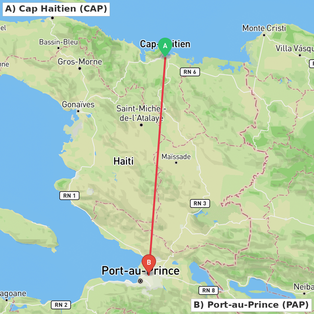 Flight route map from Cap Haitien to Port-au-Prince