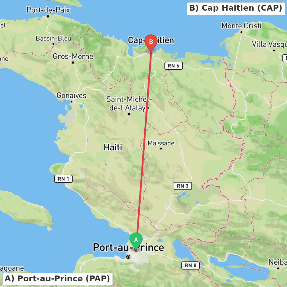 Flight route map from Port-au-Prince to Cap Haitien