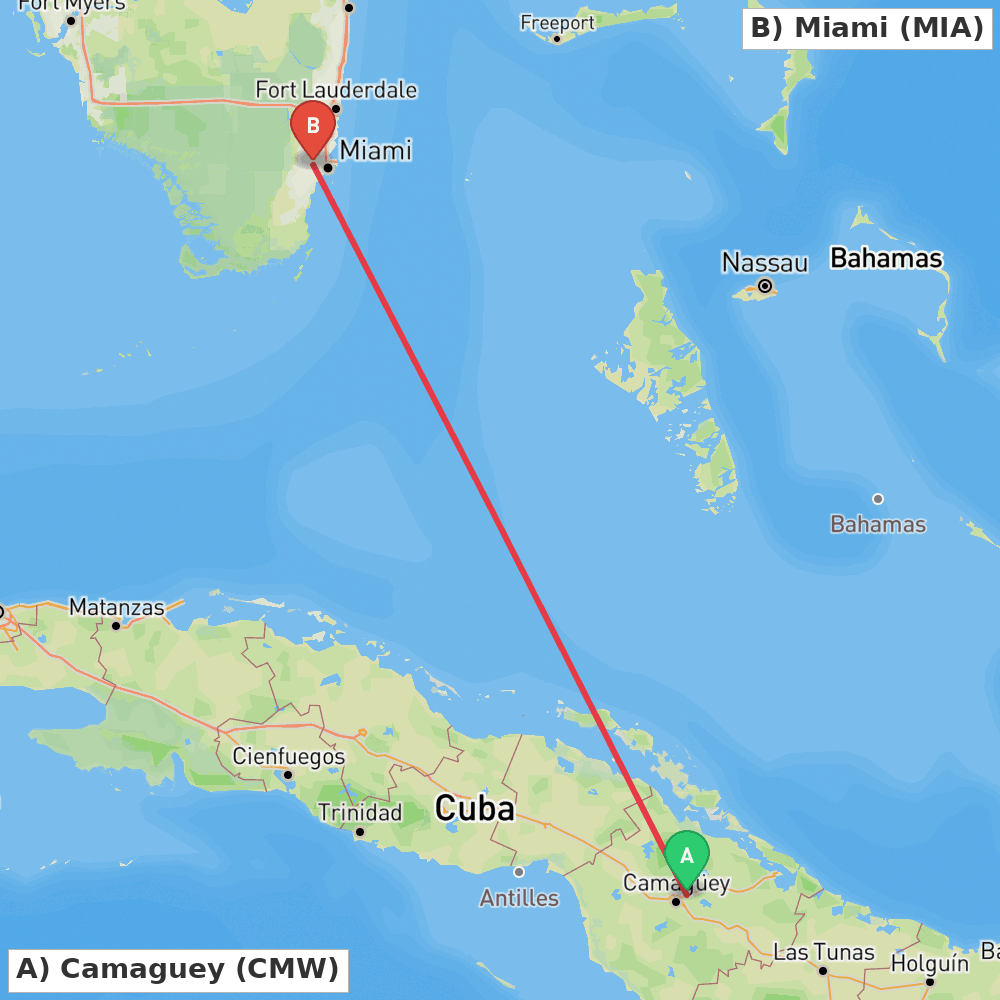 Flight route map from Camaguey to Miami