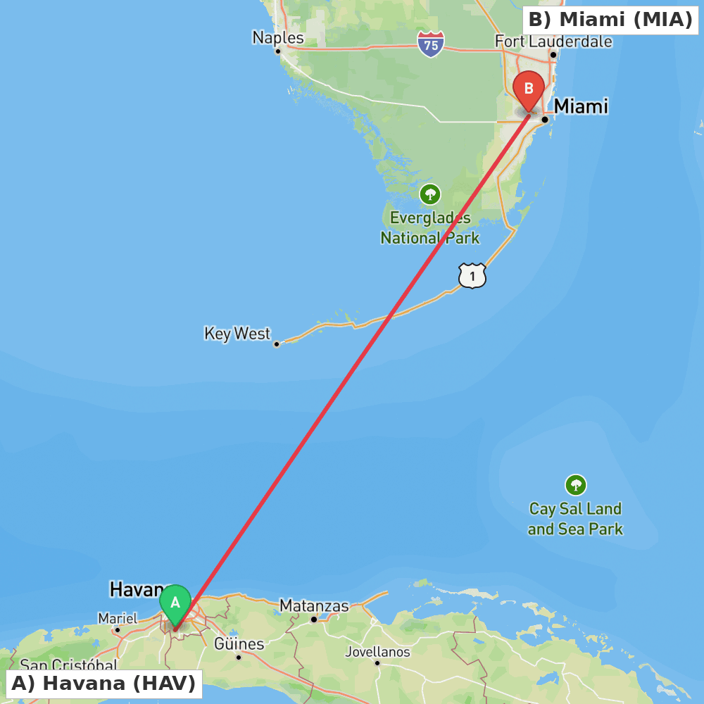 Flight route map from Havana to Miami