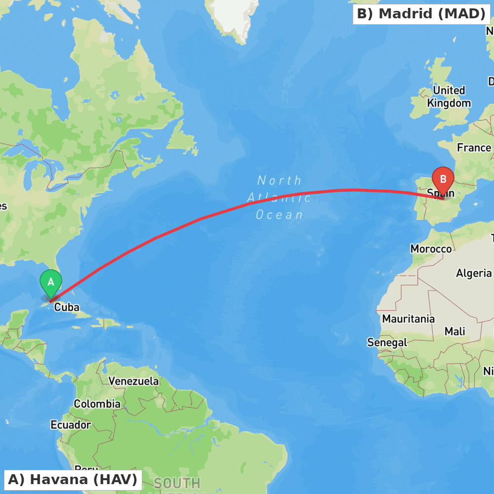 Flight route map from Havana to Madrid
