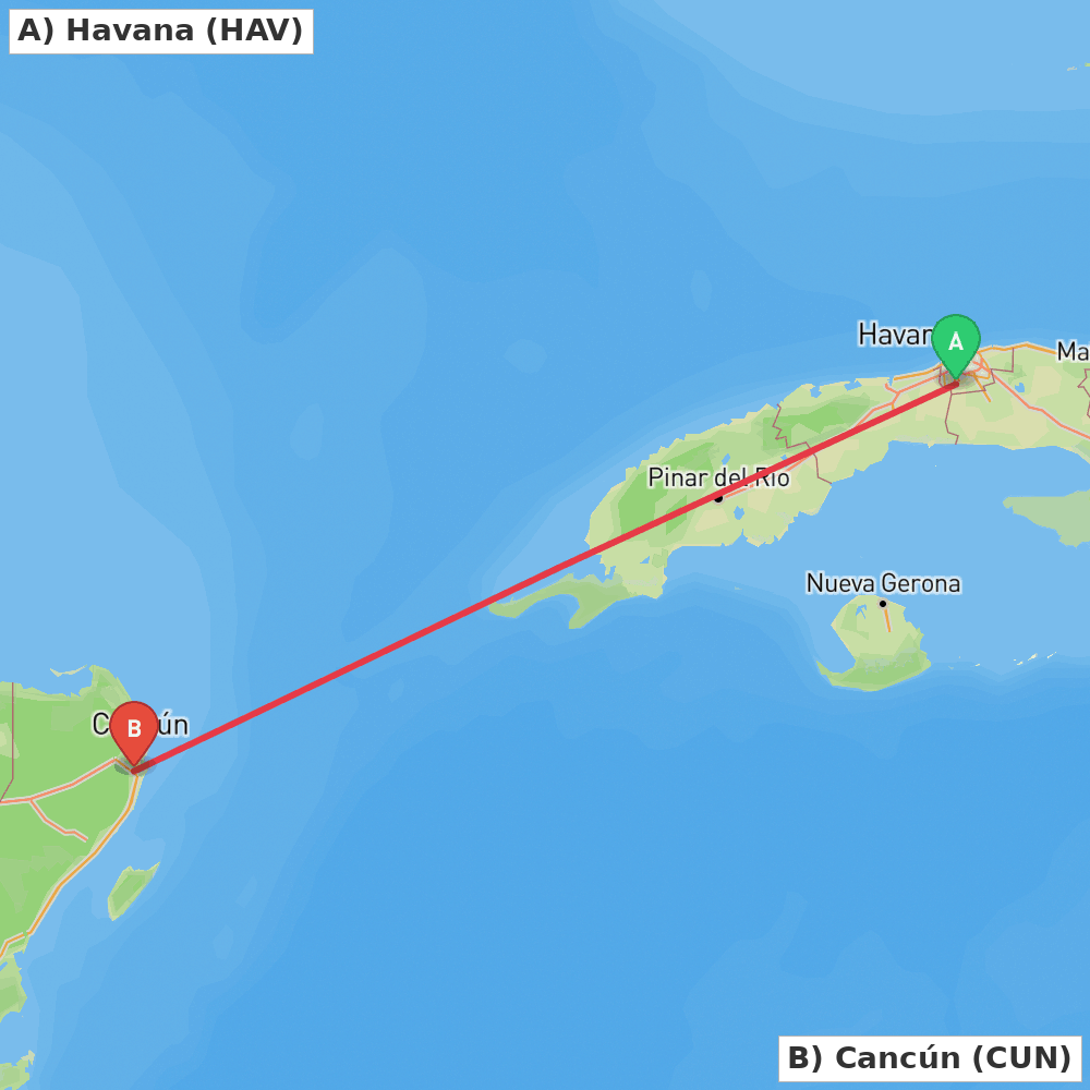 Flight route map from Havana to Cancún
