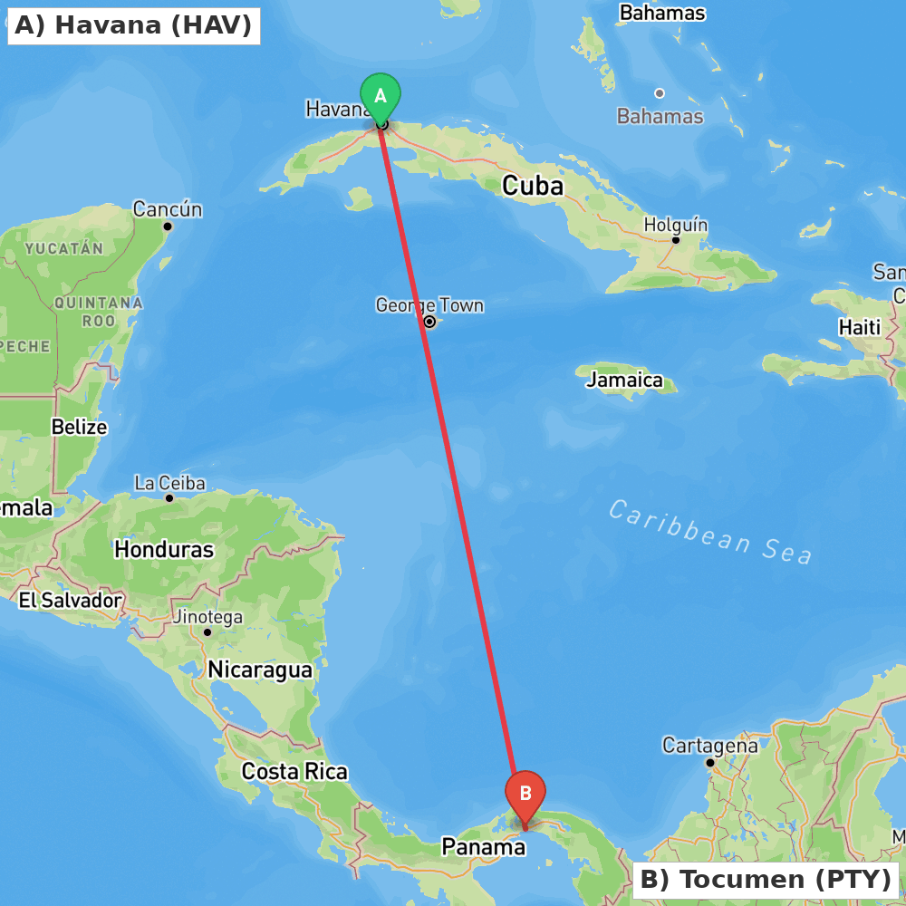 Flight route map from Havana to Tocumen
