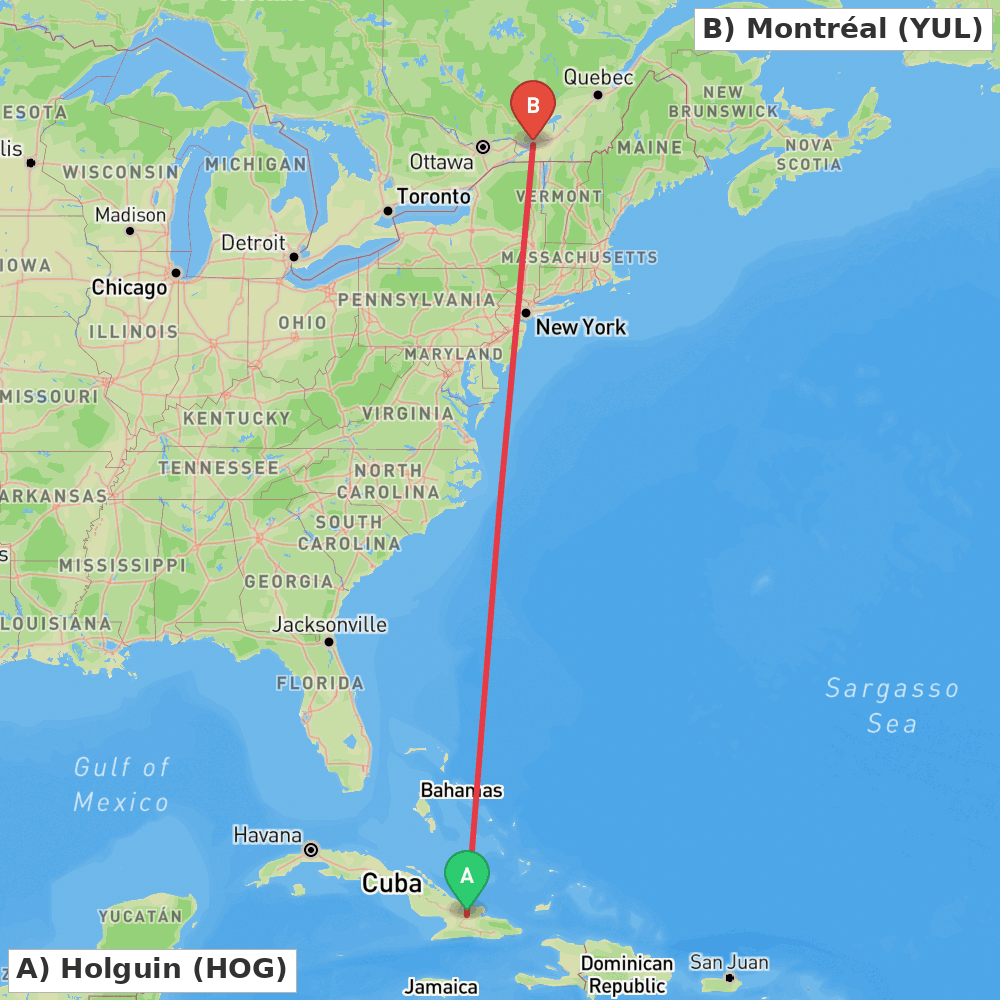 Flight route map from Holguin to Montréal