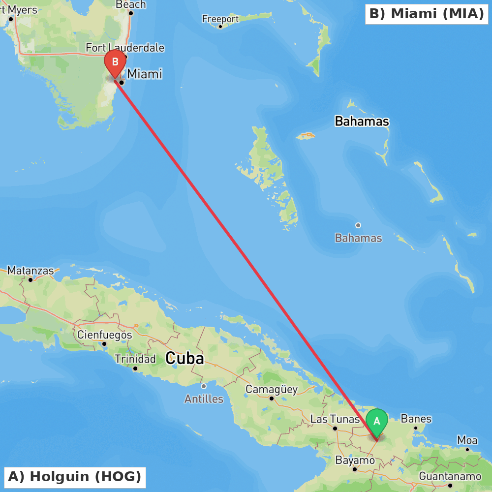 Flight route map from Holguin to Miami