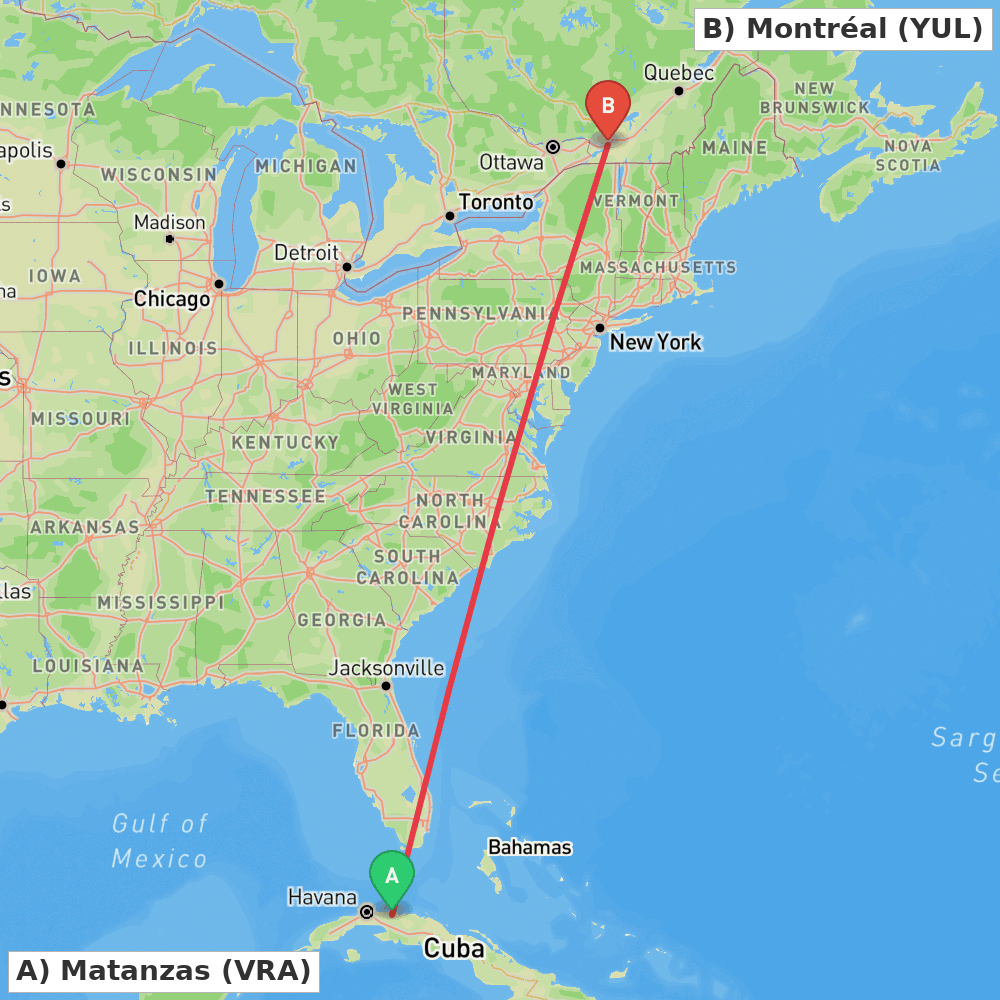 Flight route map from Matanzas to Montréal