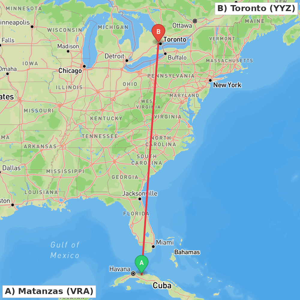Flight route map from Matanzas to Toronto