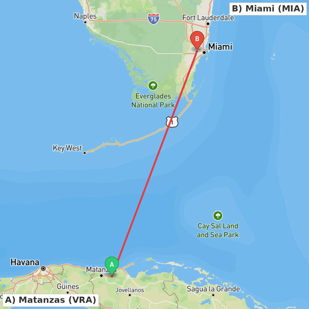 Flight route map from Matanzas to Miami