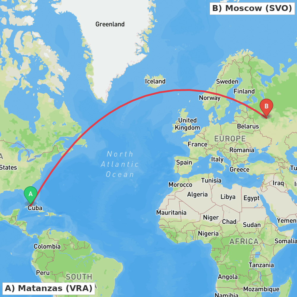 Flight route map from Matanzas to Moscow