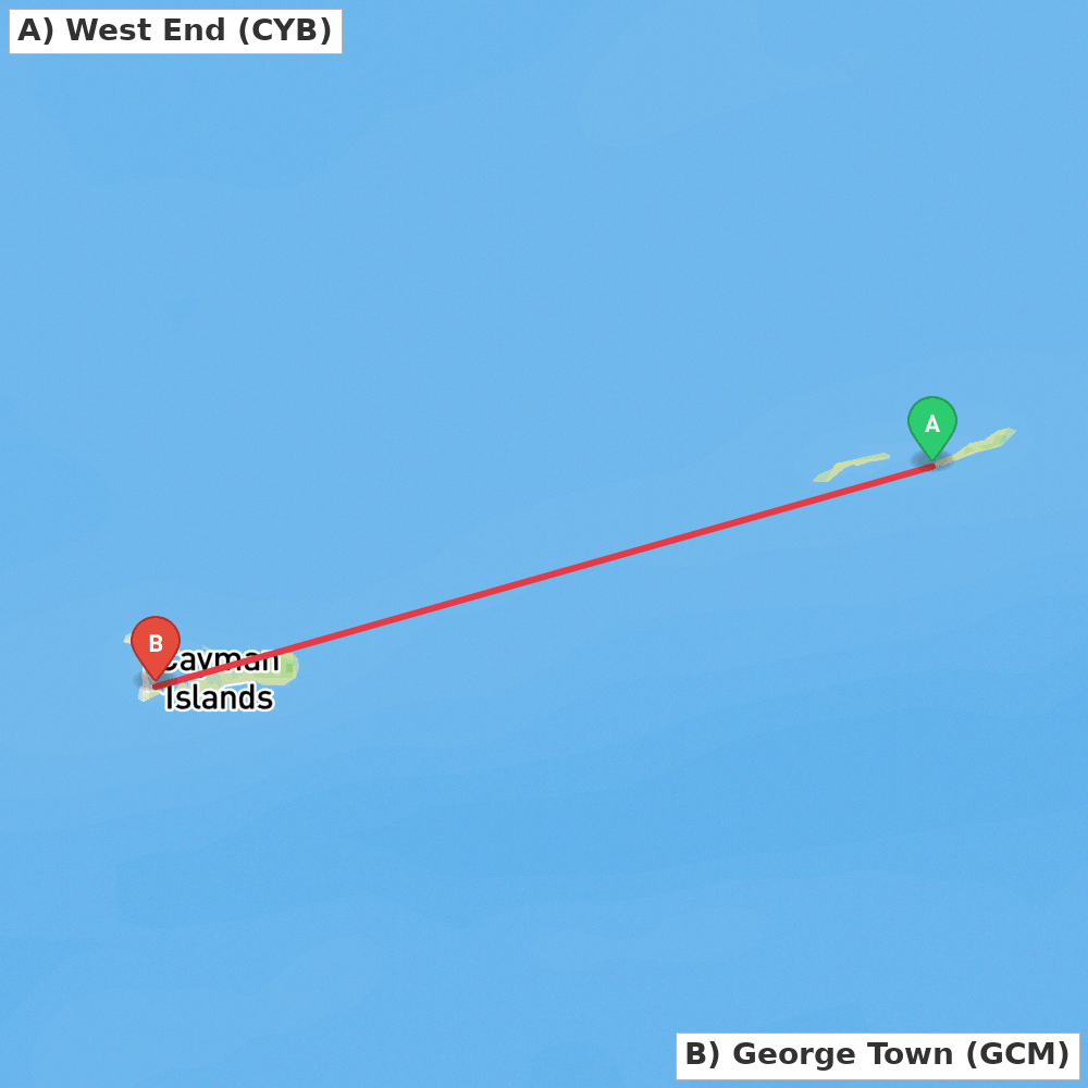Flight route map from West End to George Town