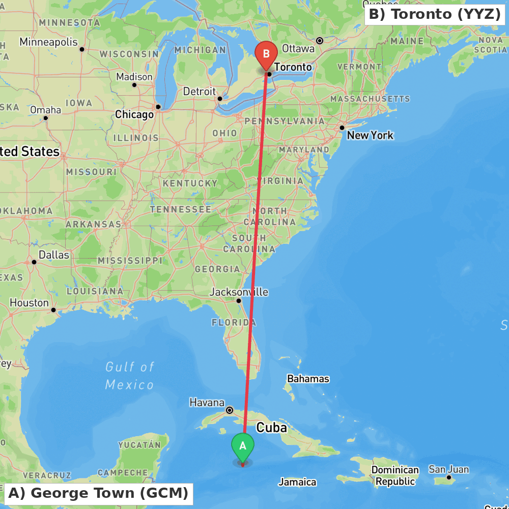 Flight route map from George Town to Toronto