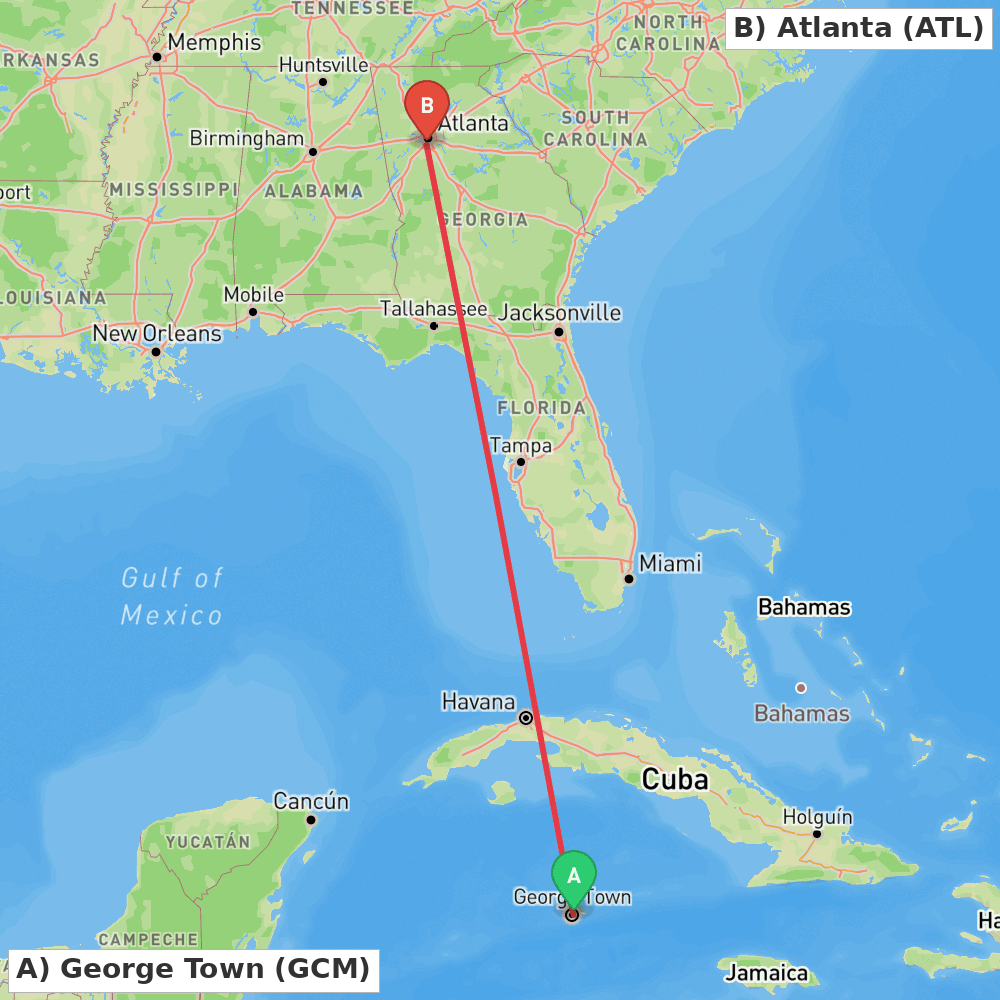 Flight route map from George Town to Atlanta