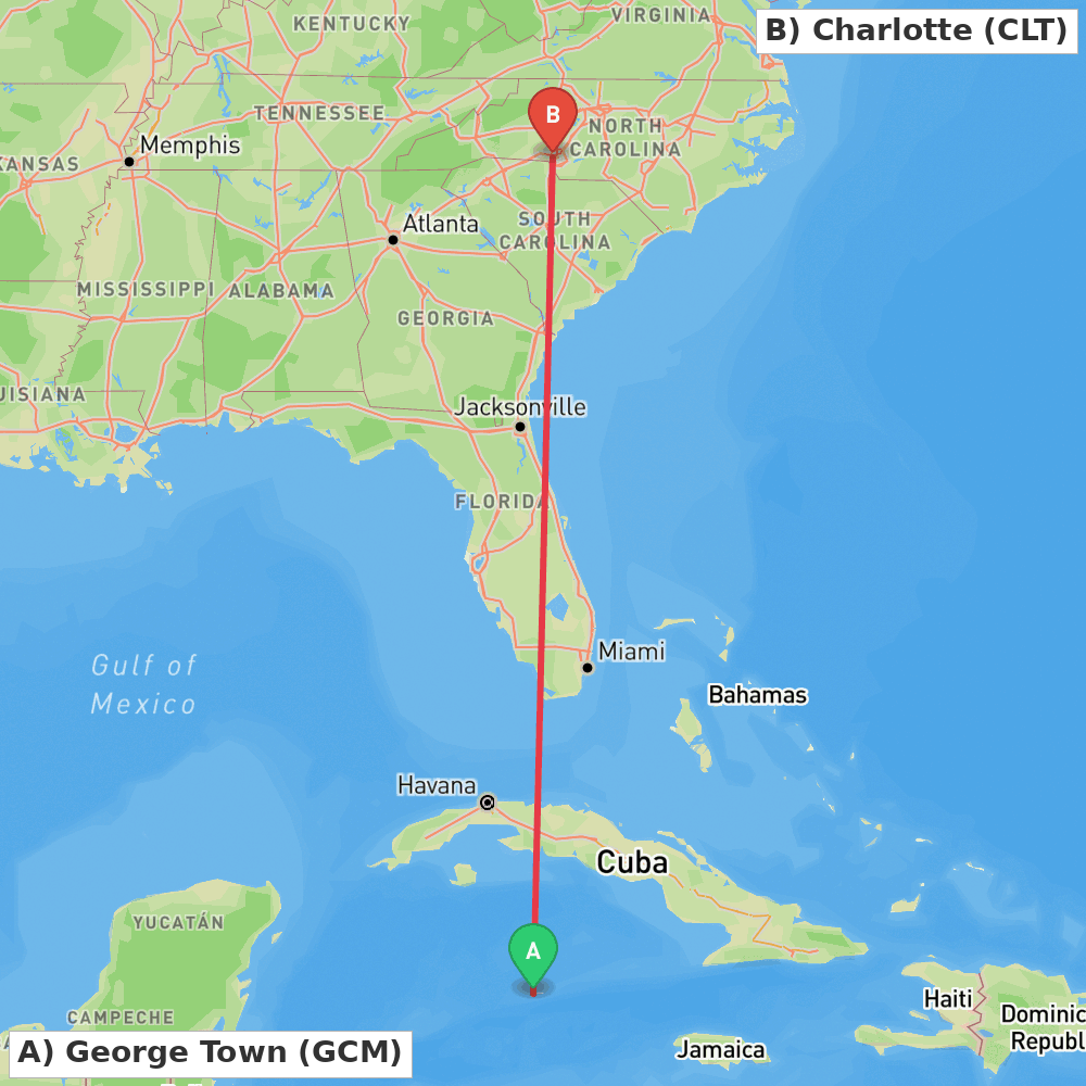 Flight route map from George Town to Charlotte