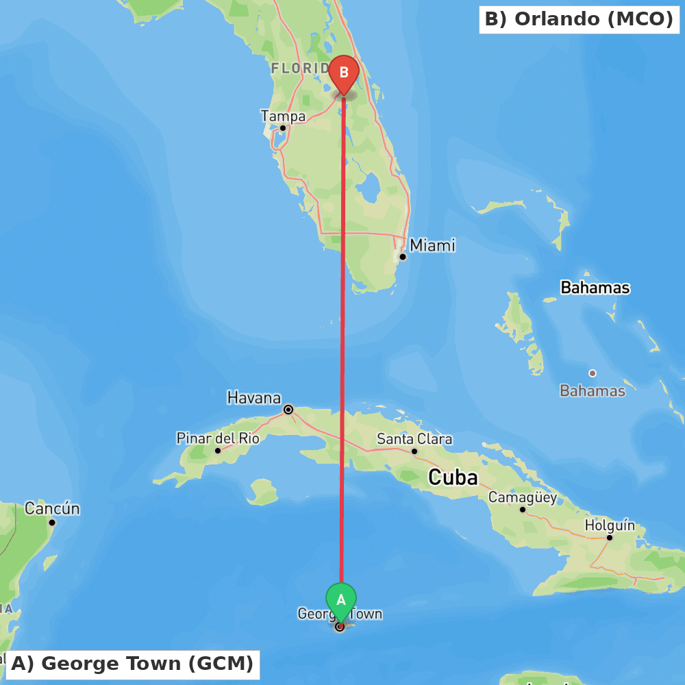 Flight route map from George Town to Orlando
