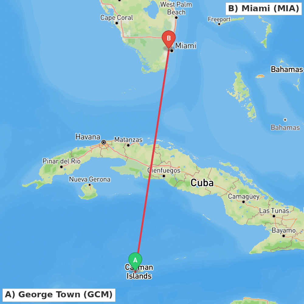 Flight route map from George Town to Miami