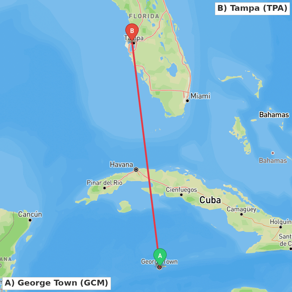 Flight route map from George Town to Tampa