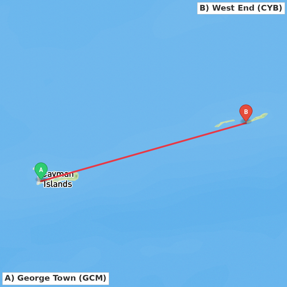 Flight route map from George Town to West End