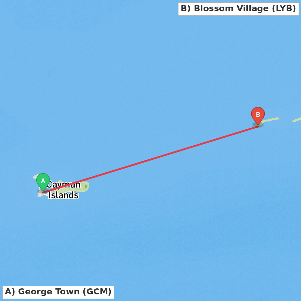 Flight route map from George Town to Blossom Village