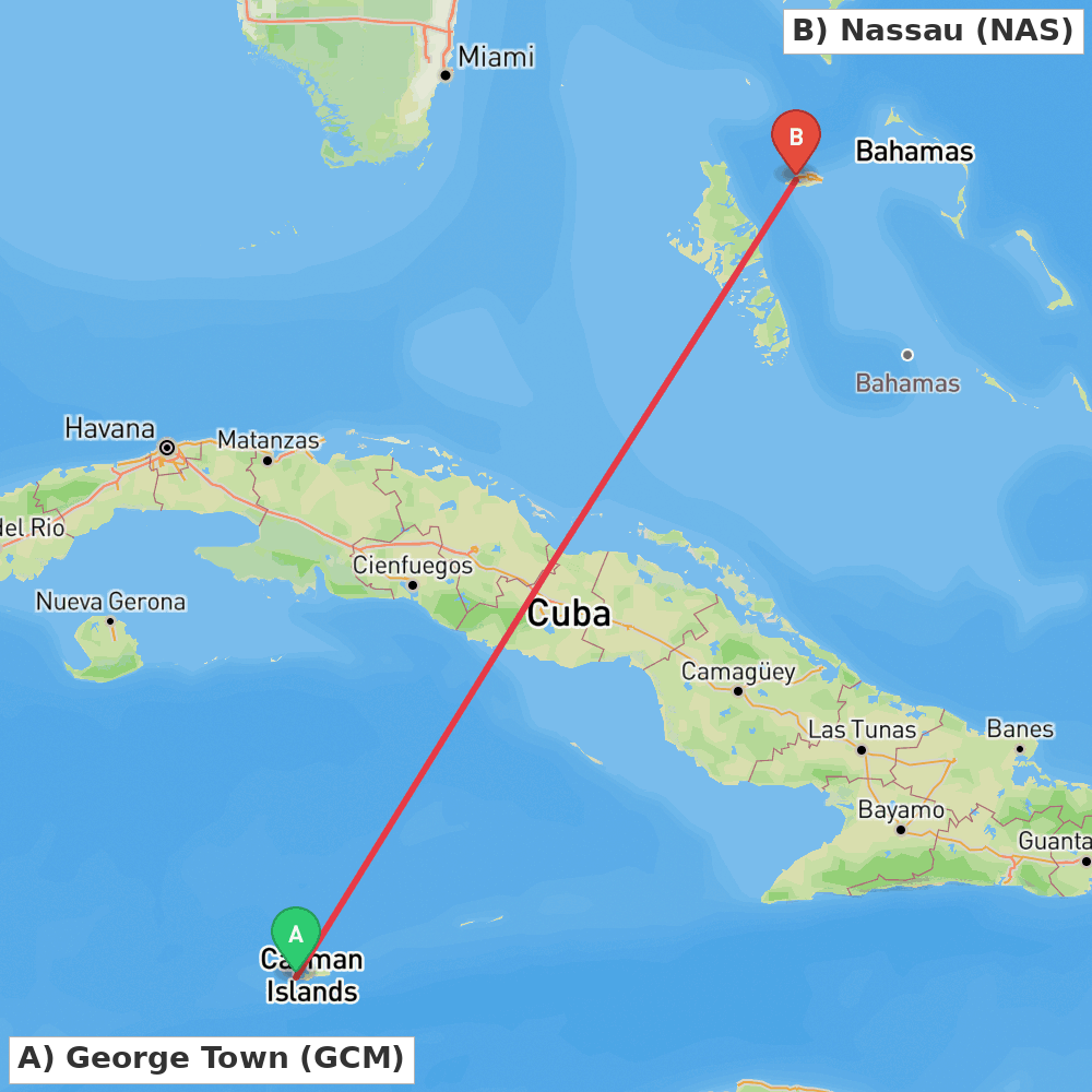 Flight route map from George Town to Nassau