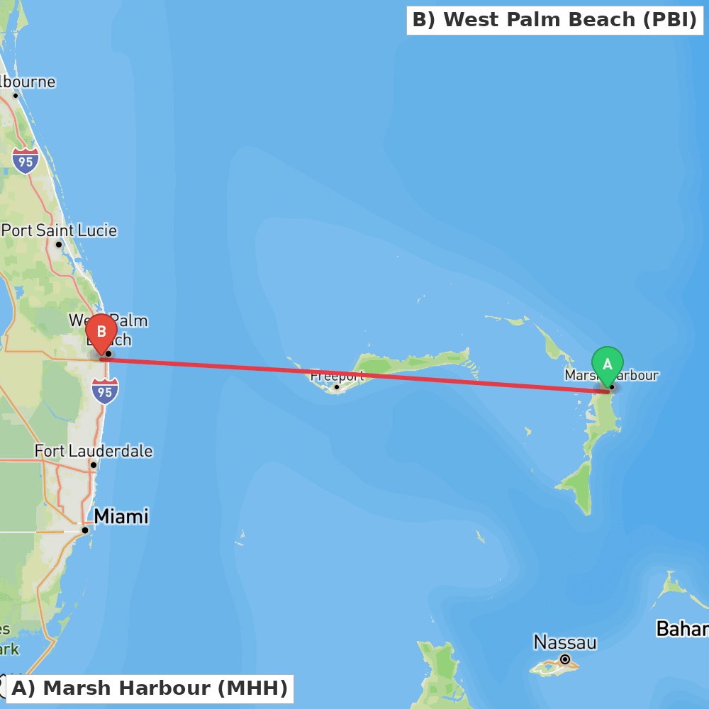 Flight route map from Marsh Harbour to West Palm Beach