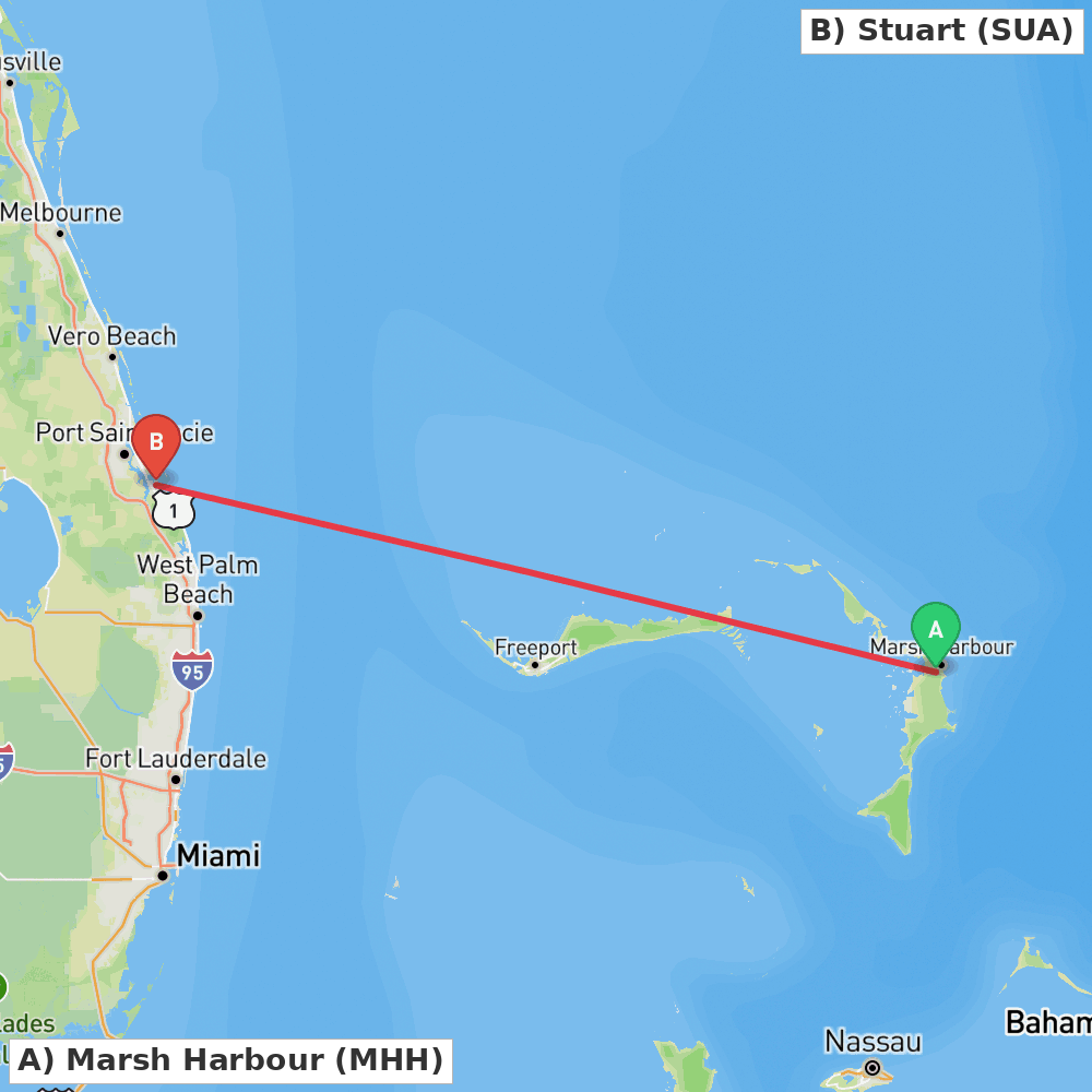 Flight route map from Marsh Harbour to Stuart