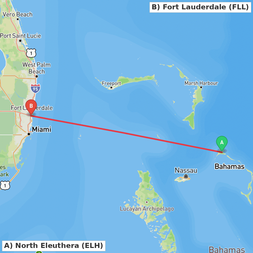 Flight route map from North Eleuthera to Fort Lauderdale
