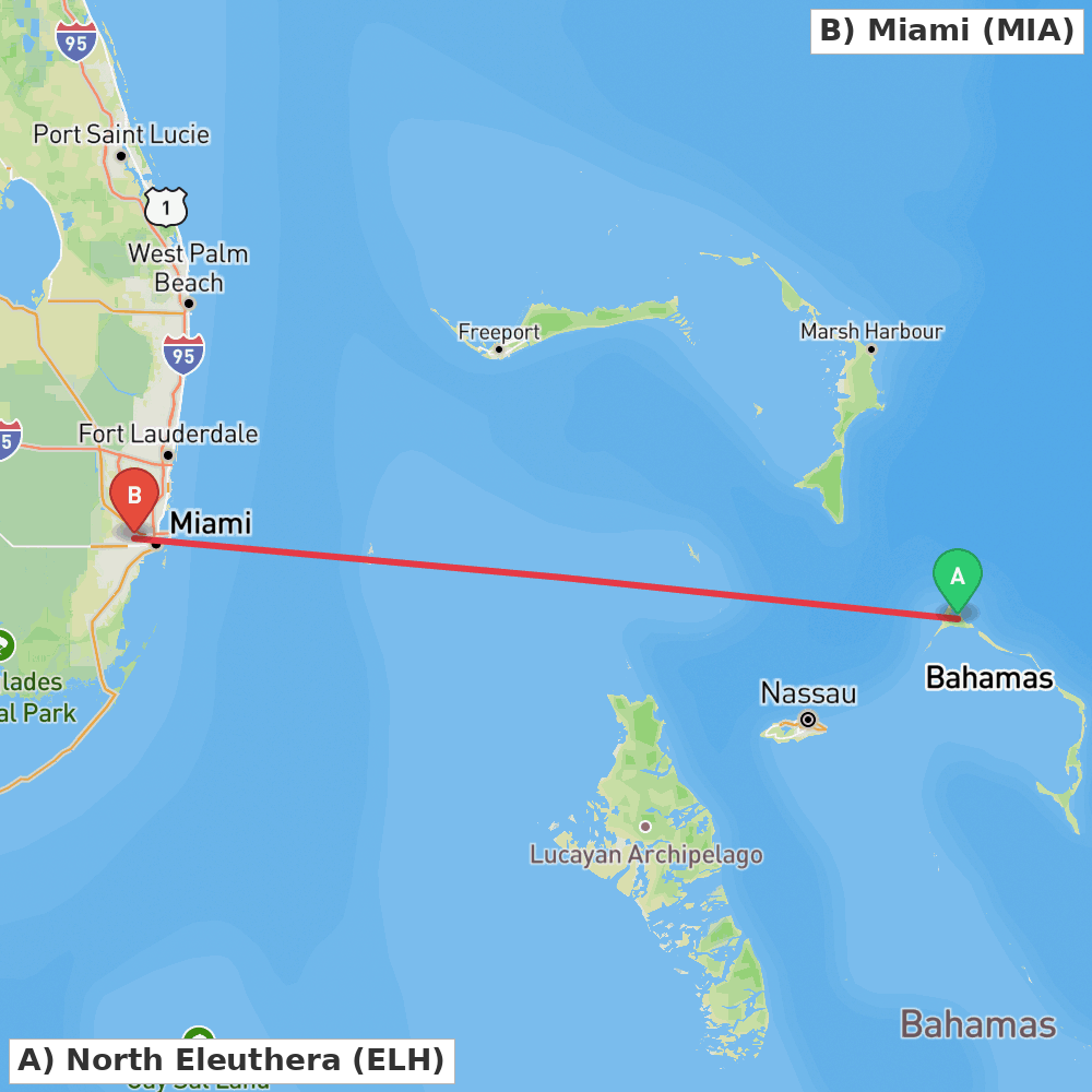 Flight route map from North Eleuthera to Miami